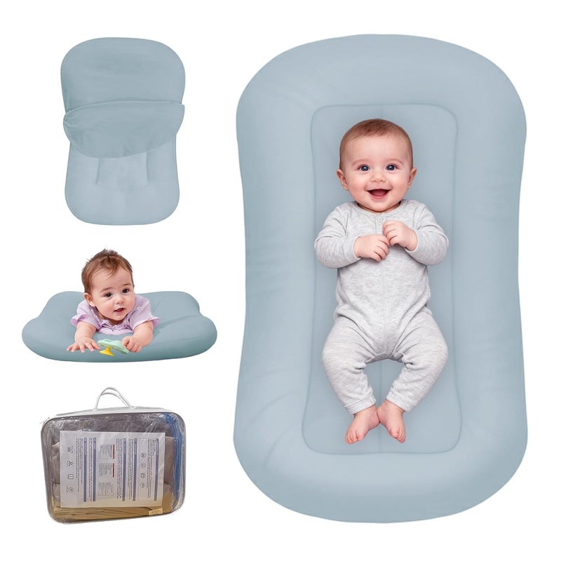 PGONEEE Baby Lounger for Newborn, Bionic Design Baby Lounger, Soft Organic Cotton Breathable Lounger for Infants 0-18 Months (Grayinsh Blue) - Image 1
